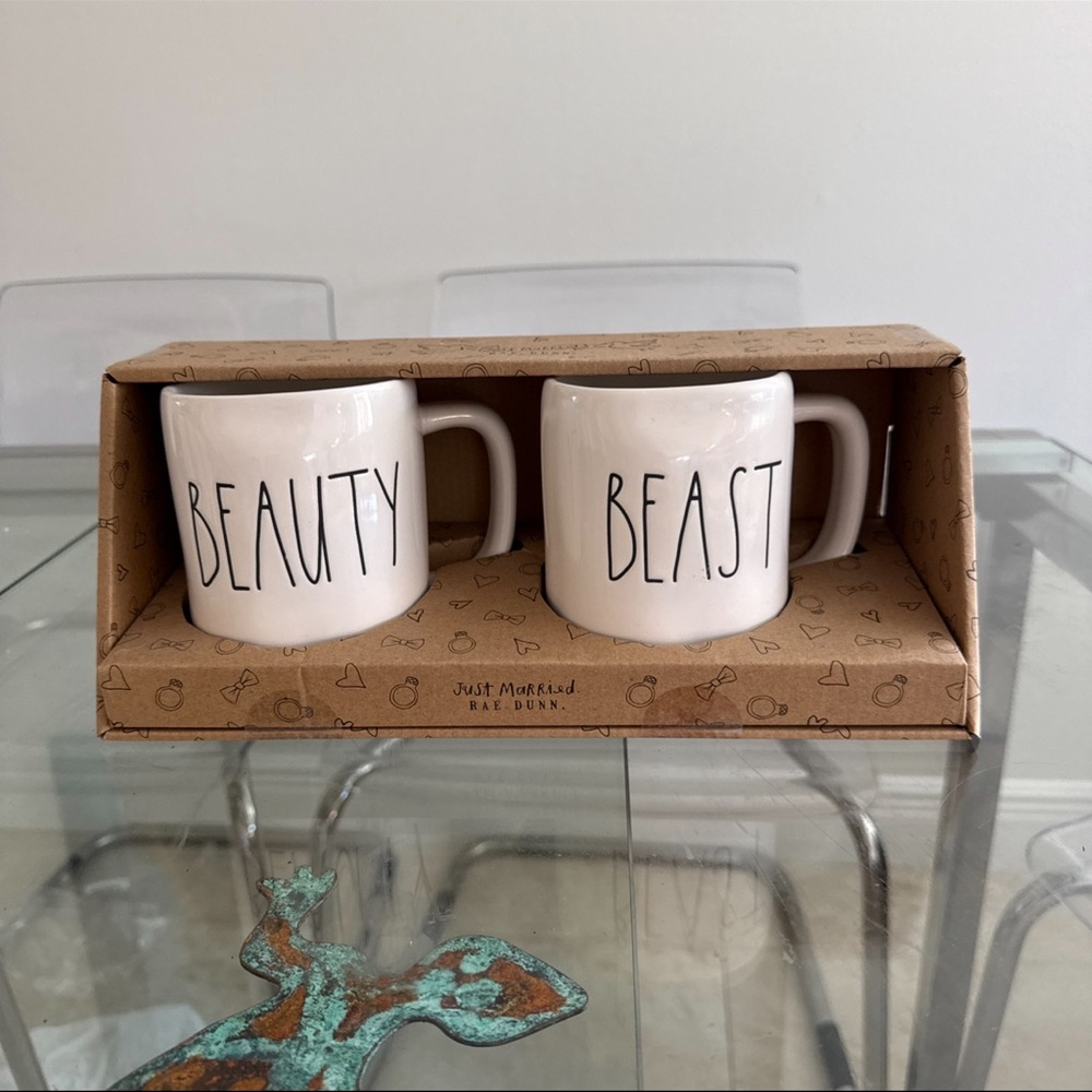 Rae Dunn Beauty and Beast White Mug Pair